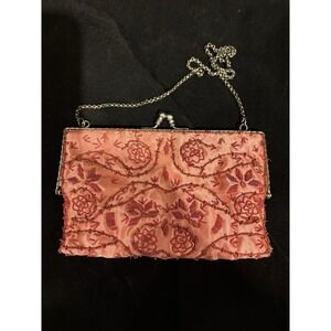 Vintage Floral Beaded Metal Trim Clutch Evening Bag Purse
